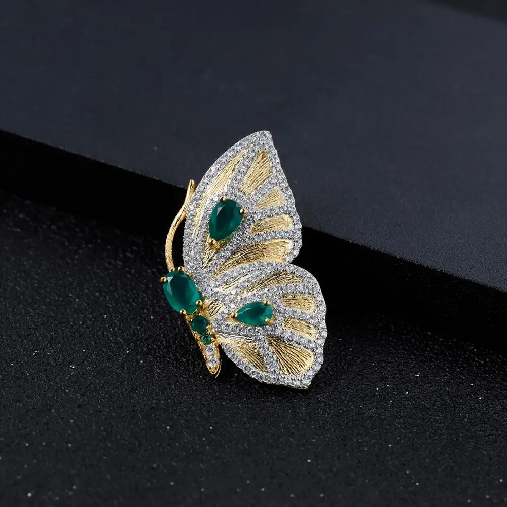 

GEM'S BALLET Natural Green Agate Gemstone Jewelry 925 Sterling Silver Gold Plated Handmade Butterfly Brooches Pendant For Women