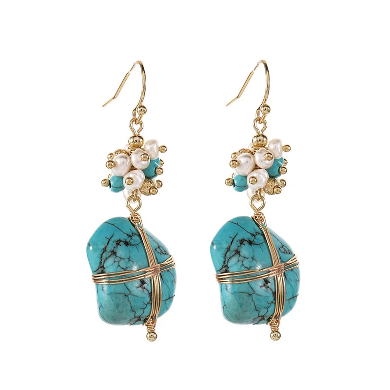 

Fashion Jewelry Unique Design Women's Gift 18k Gold Plated Special-shaped Turquoise Hand Woven Fresh water Pearl Charm Earrings