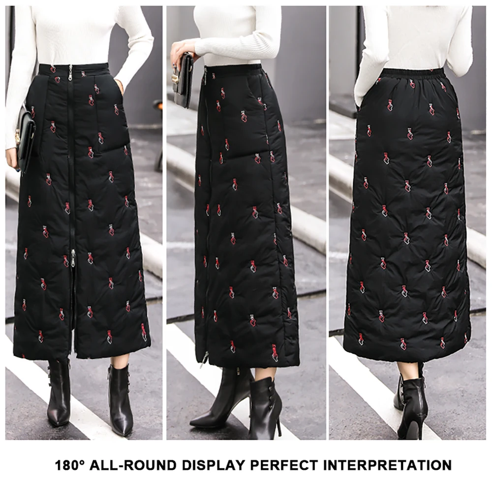 2020 Warm Winter Women Skirts Plus Size 4XL Long Zipper Fly Thicken A Line Embroidery Black Maxi High Waist Female Down Skirt