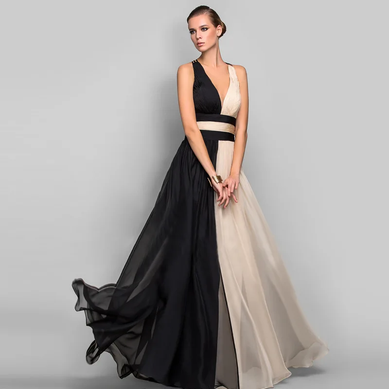 Neue Elegante Chiffon Abendkleider Lange 2020 Schwarz Champagne V-ausschnitt Prom Party Kleider Für Form Tragen Plus Größe robe de soriee