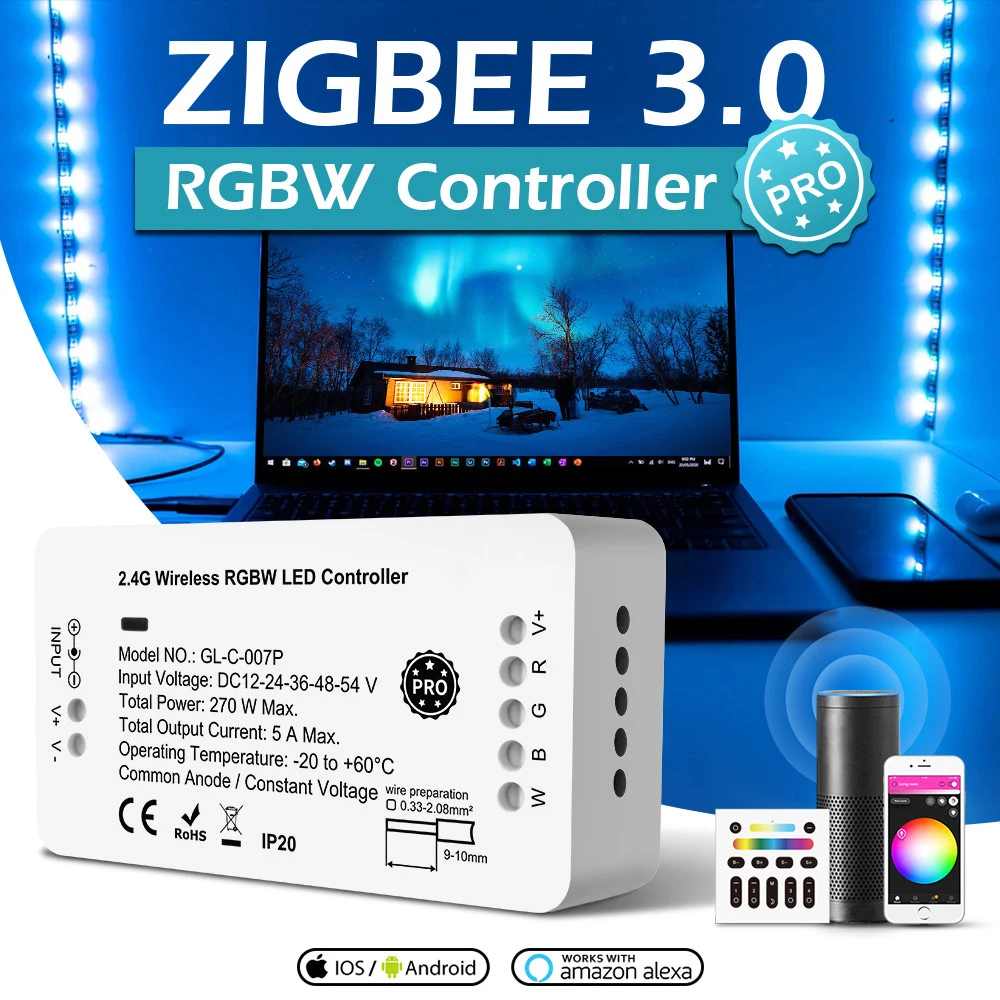 زيجبي 3.0 DC12-24V الذكية برو RGBW LED قطاع زيجبي تحكم العمل مع RF عن بعد ، لشريط LED