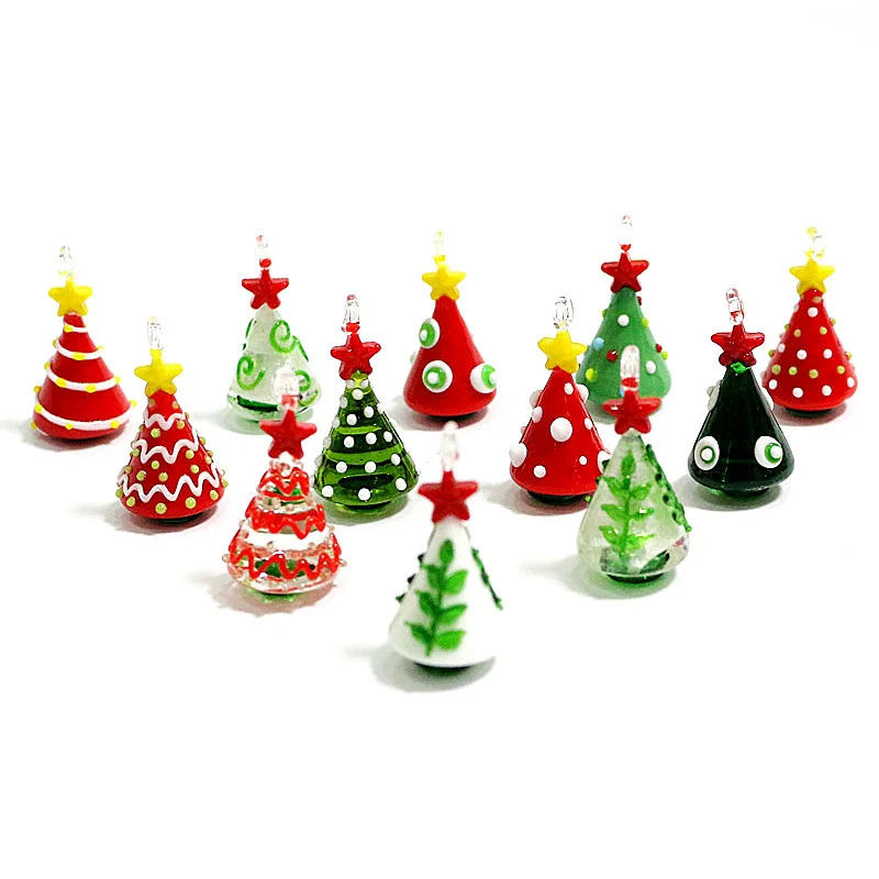 Mini Handmade Glass Christmas Tree Art Figurines Ornaments Colorful High Grade Cute Pendant Xmas Hanging Decor Charm Accessories