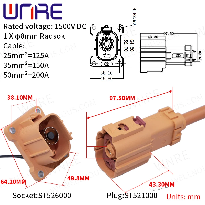 1Pcs 125/150/200A DC 1500V HV Connector High Voltage Connector 1/2/3P Right Angle Plugs Terminal Connector High Power Connector