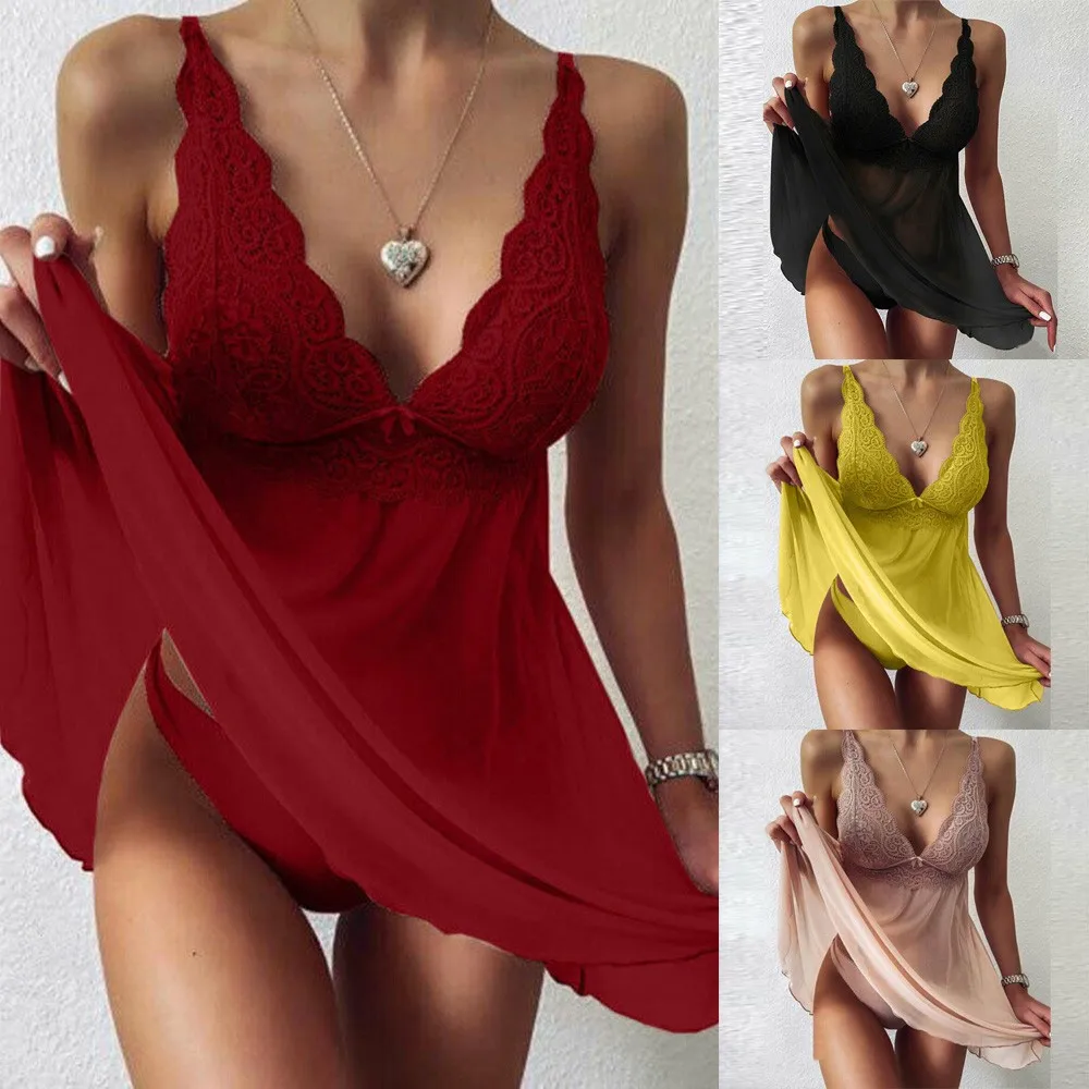 Sexy Womens V-neck Lace Nightdress Sleepwear Lingerie Robe Underwear Dress New Soft Elegant Perspective Sleeveless Nightgown