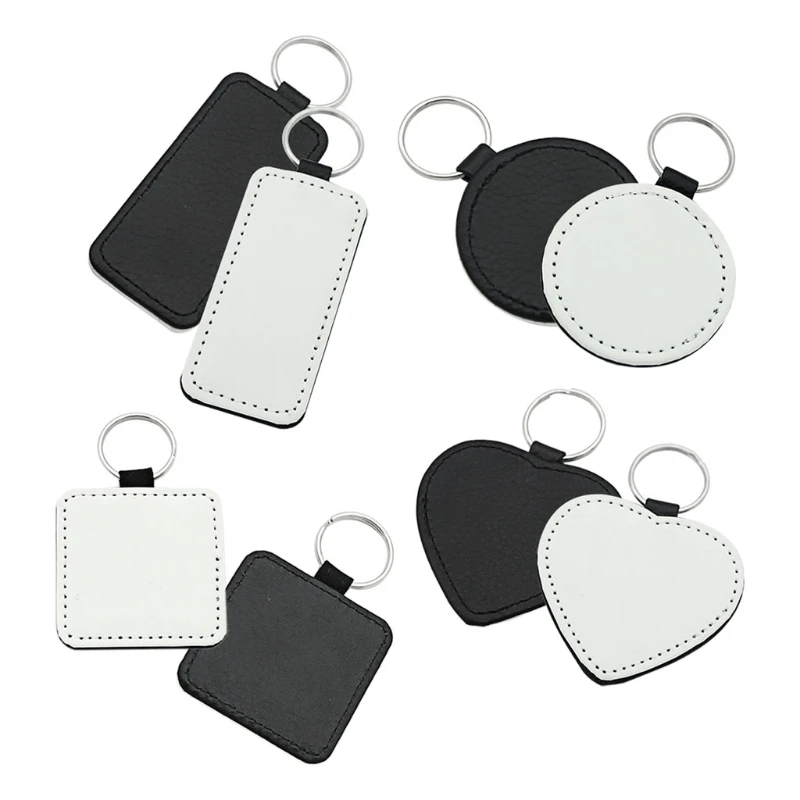 10Pcs Leather Keychains Blank Heart Round Square MDF Keychains Sublimation Heat Transfer Keychains Kit Jewelry Making