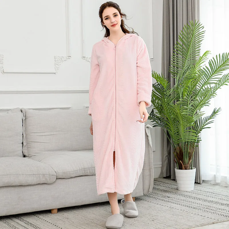 Men Women Extra Long Winter Warm Nightgown Size Pregnant Zipper Sleepshirts Luxury Soft Grid Flannel Thermal Dressing Gown