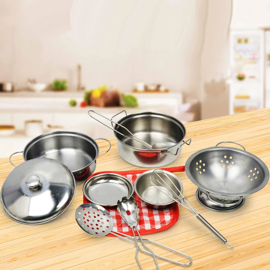 Play House Toy Stainless Steel Pots & Pans Play Set, Play Cookware Set Role Play Game for Kids Construction, 10 Pieces