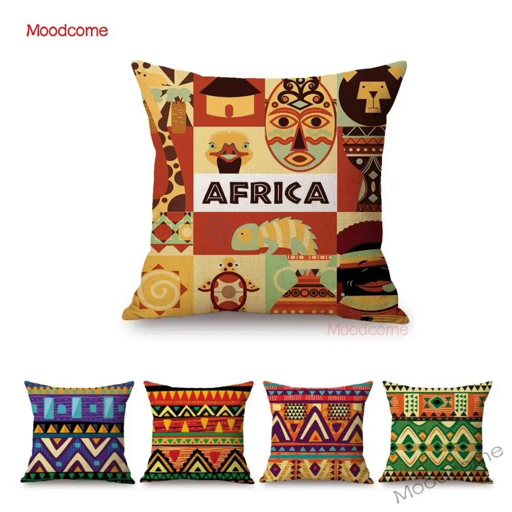 Geometric Africa Ethnic Design Pattern African Mask Traditional Wild Animals Design Sofa Pillow Case Cotton Linen Cushion Cover