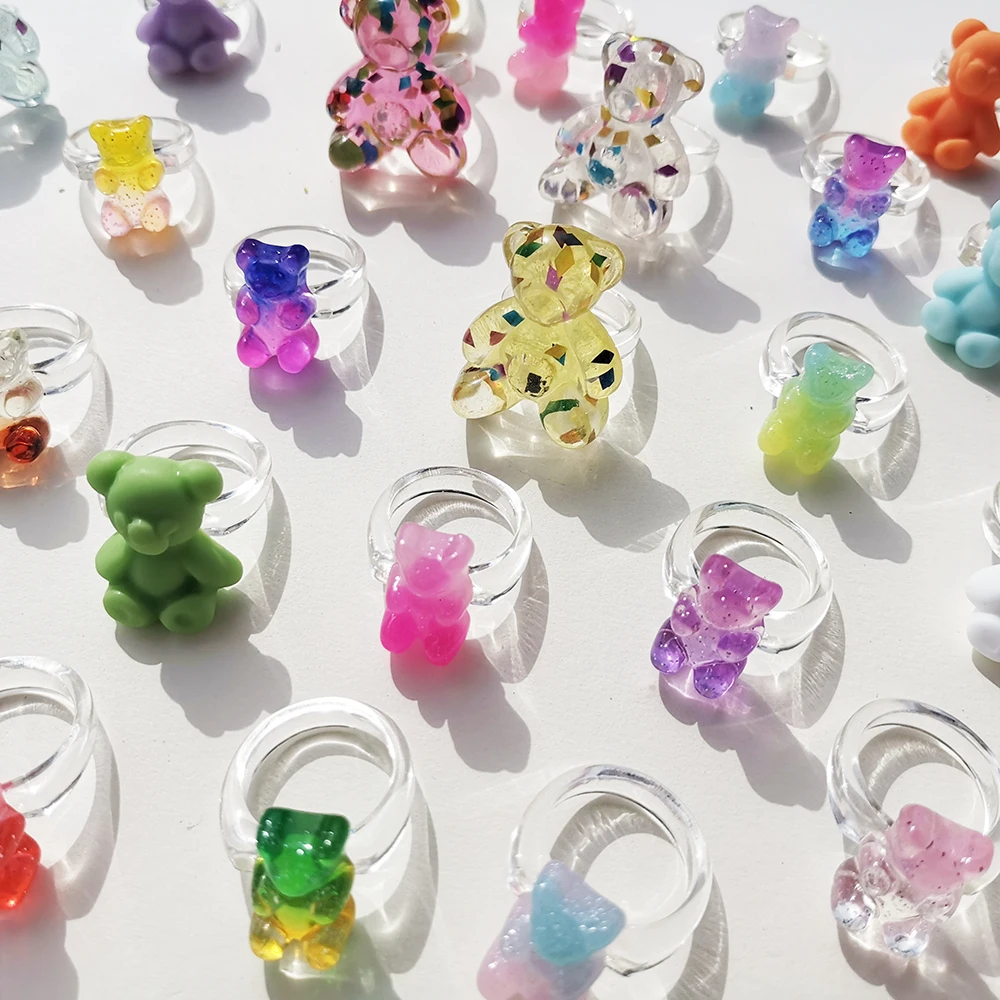 Lost Lady Cute Transparent Resin Bear Rings for Women Stylish Candy Color Acrylic Aesthatic Rings Wholesale Jewelry 2021 New INS