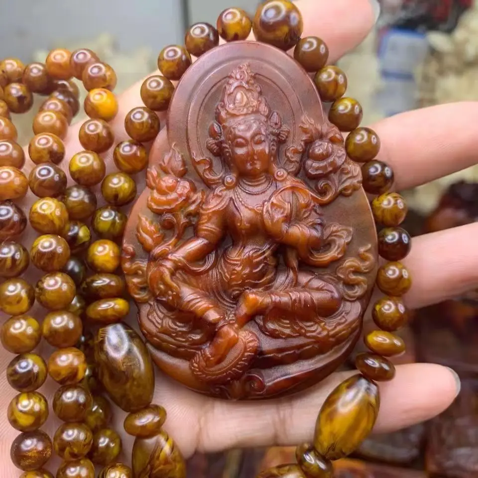 7mm Beads Chain Handmade Meticulous Carved Lifelike Ambergris Grey Amber Guanyin Tara Pendant Set Necklace Amulet Jewelry