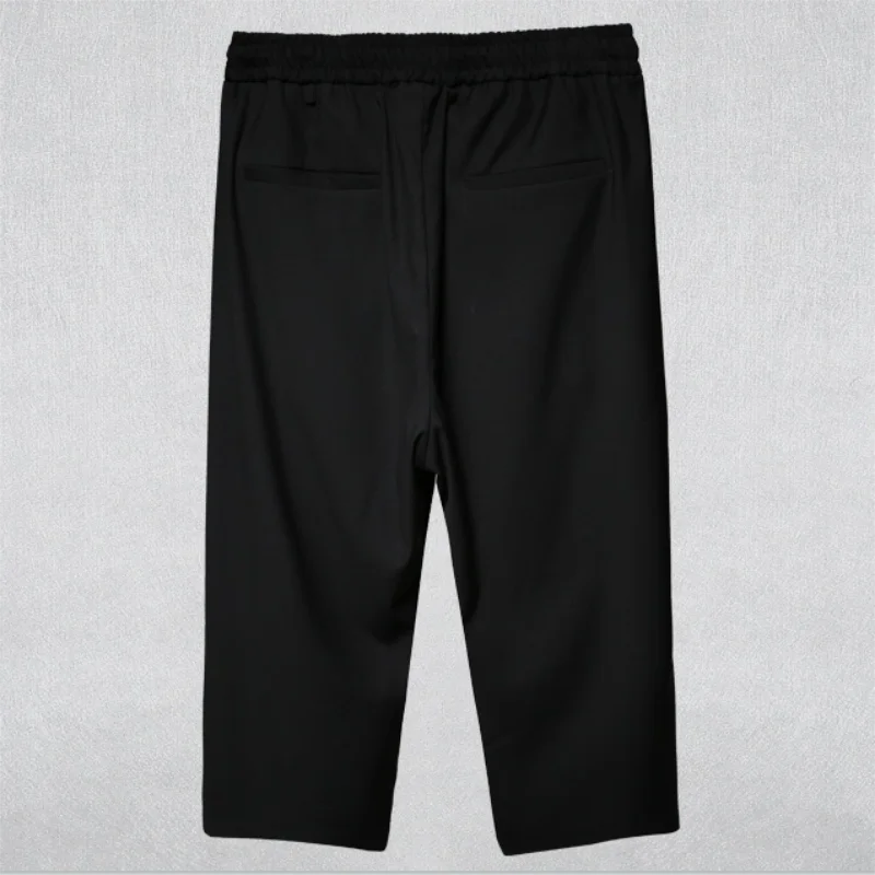 Eight-Quarter Pants Suit Pants Elastic-Waist Casual Pants Black High-Waisted Wide-Leg Pants Men's Stylish Baggy Belt Decoration