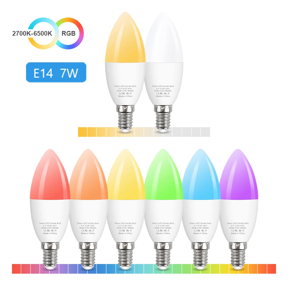 Tuya WiFi Smart Light Bulb E14 RGBCW Dimmable LED Lamp Voice Control Magic Bulb 7W Candle  Work With Alexa Google Home Assistant