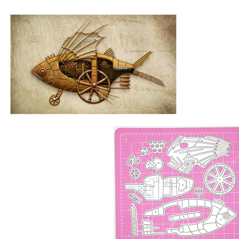 Steampunk Flying Fish Car Metal Cutting Dies Gear Wheel Embossing Stencil For DIY Scrapbooking Card Decorative