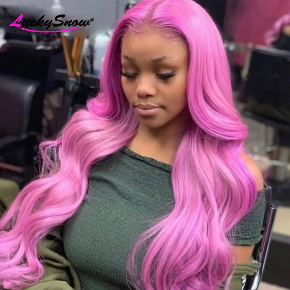 Helllila lange gerade transparente 13x4 Lace Frontal Perücken farbige Cosplay 100 % Echthaar Perücke 180 Dichte für Frauen HD Perücken