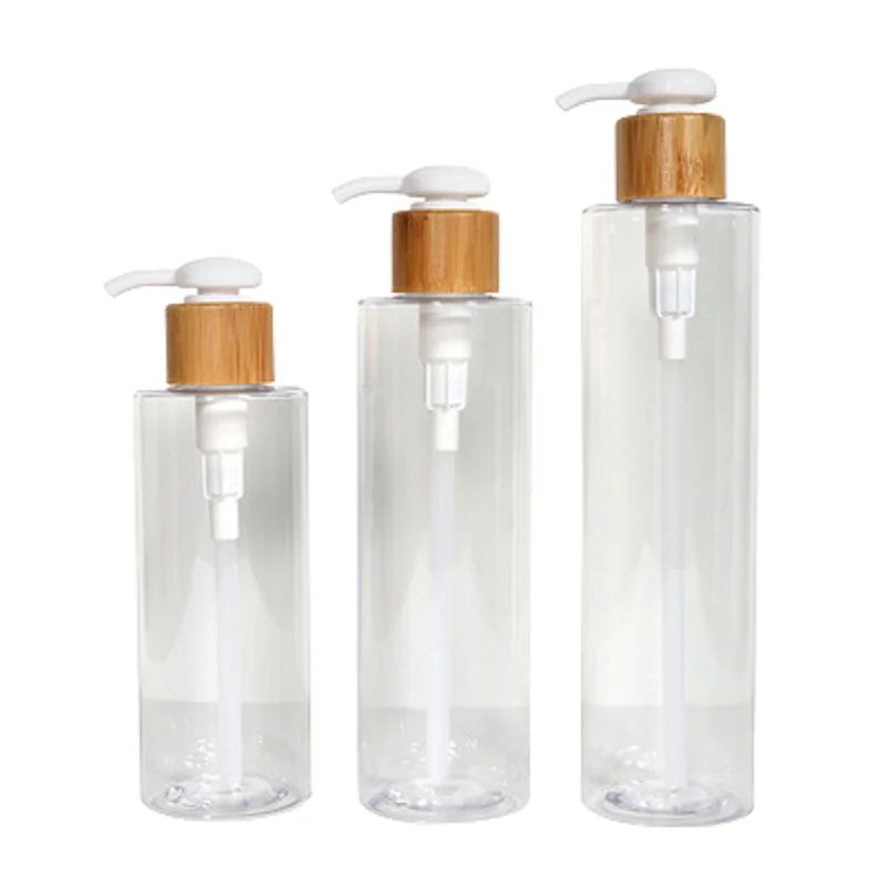 15Pcs Clear Plastic Bottle Container Empty Bamboo Wooden Lotion Pump 7oz 200ML 250ML 300ML 8oz 10oz Cosmetic Packaging Bottles