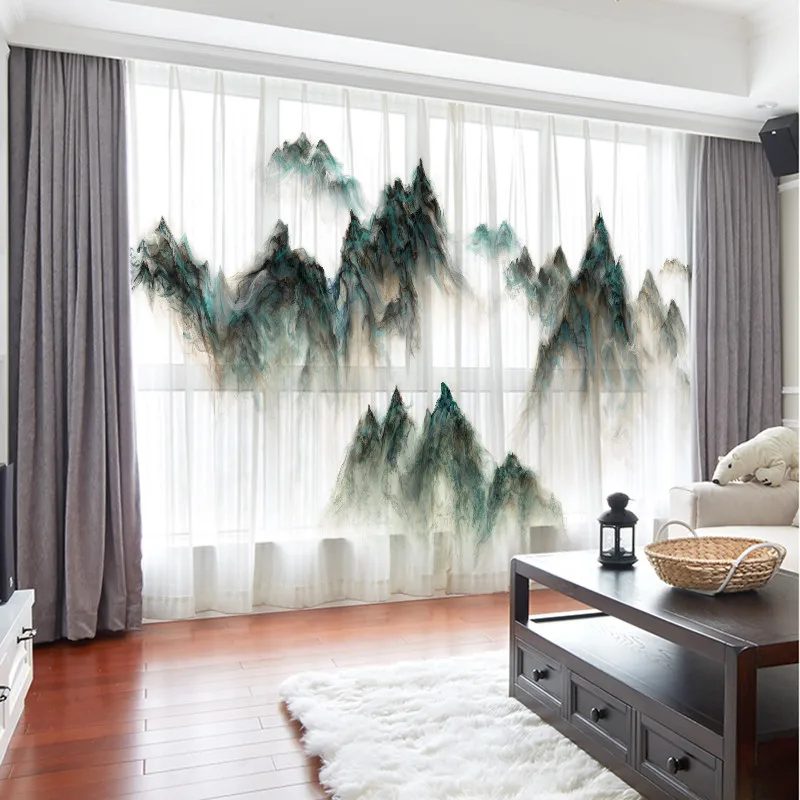 

Green Color Printing Tulle Sheer Curtain Chiffon Voile for Living Room Scenery Mountain Peak Pattern People Cannot See Through