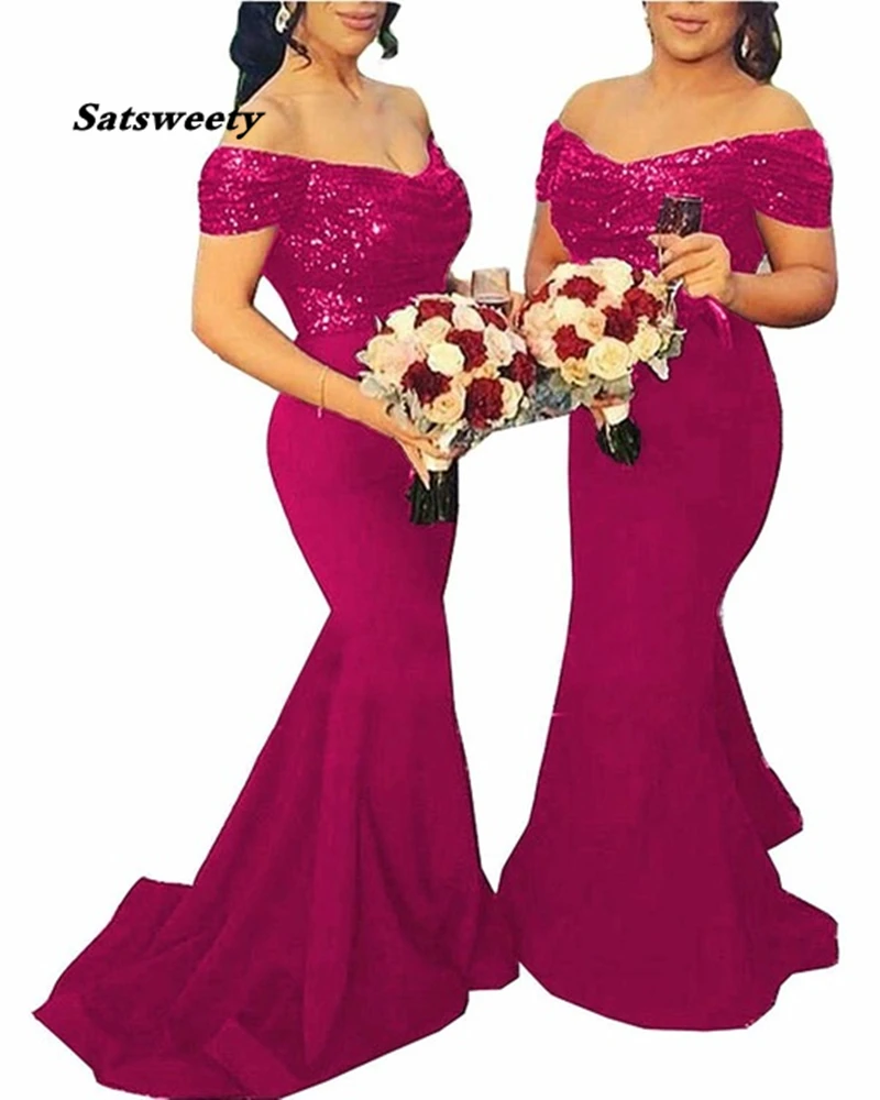 Mulheres Lantejoulas sereia vestidos de dama de honra, fora do ombro, convidado do casamento, elegantes vestidos de festa, vestido feminino, casamento