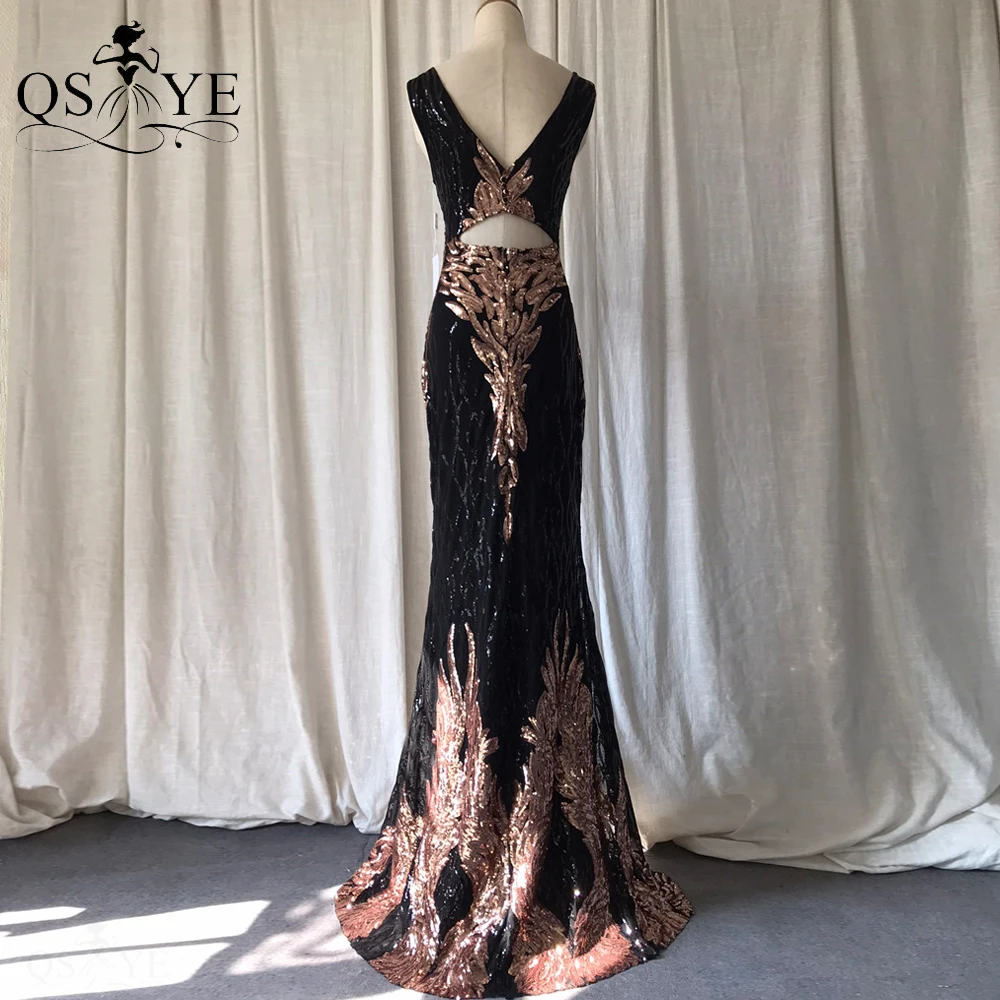 Gold Lace Black Evening Dresses Sequin Long Mermaid Prom Gown Print Appliques Party Dress V Neck Beaded Hollow Out Formal Dress