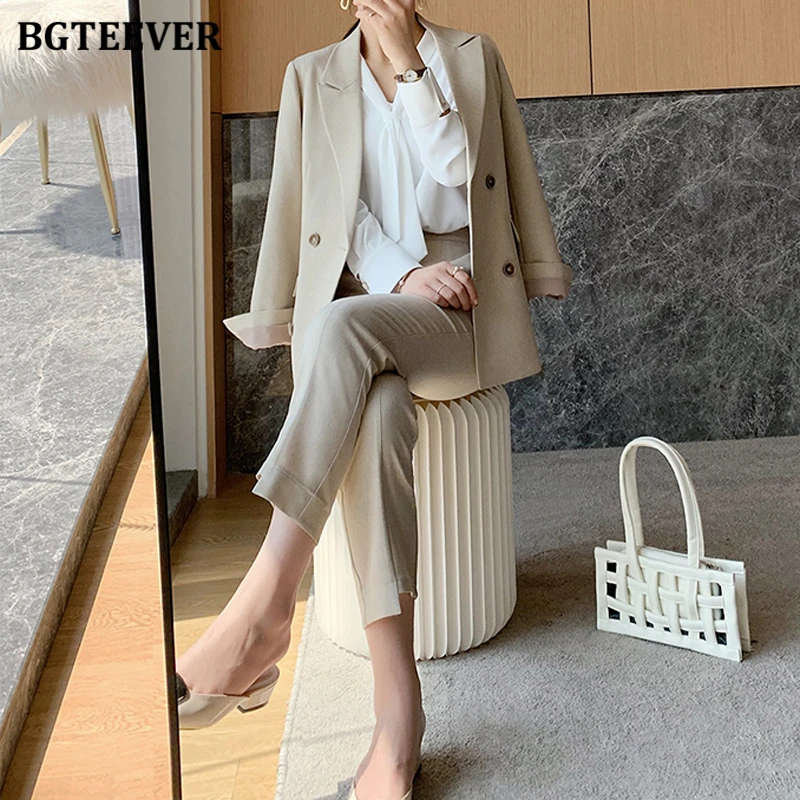 BGTEEVER Elegant Women Trousers Suits Long Sleeve Double Breasted Female Jacket & Irregular Pants Autumn Winter Women Set 2021