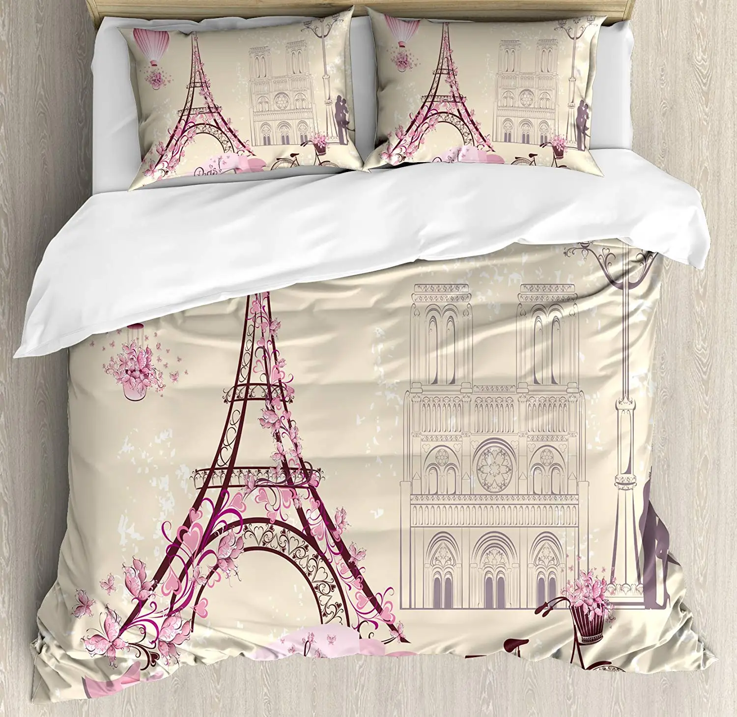 Kiss Duvet Cover Set Floral Pariss Landmarks Eiffel Tower Hot Air Balloon Bicycle Romantic Couple Decorative 3 Piece Bedding Set