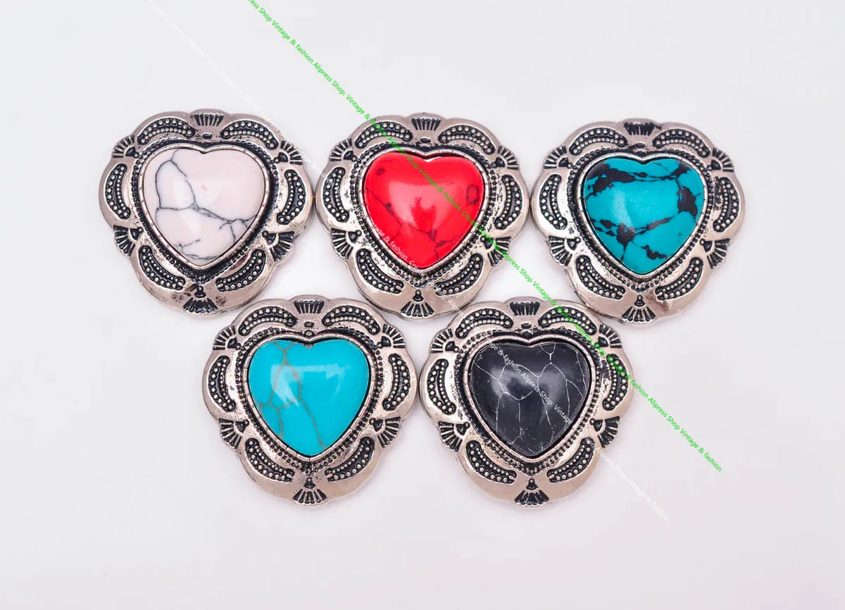 10X Silber Indische Blume Kunst Echt Grün Liebe Herz Türkis Leathercraft Haar Zubehör Nähen Schaft Taste Concho Verschluss – Detail 29