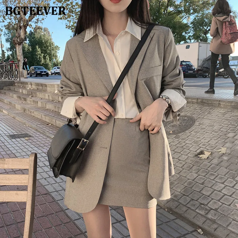 BGTEEVER Elegant Spring Women Skirt Suits Notched Collar Single-breasted Blazer & High Waist Mini Skirt Summer Female Blazer Set