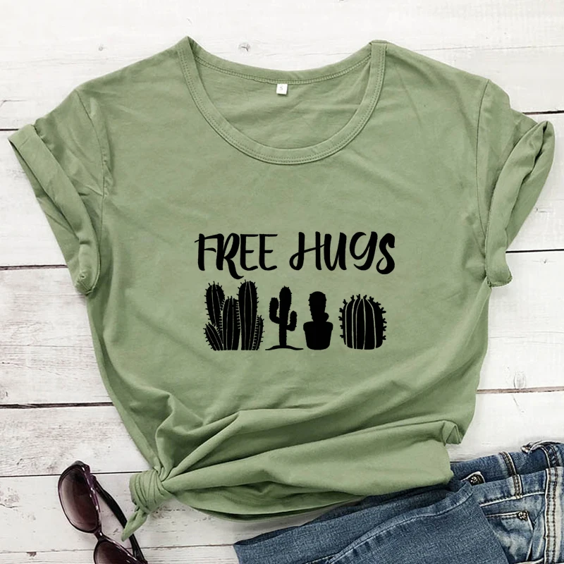 

Cute Free Hugs Cactus T-shirt Sarcastic Women Quarantine Tshirt Funny Summer Graphic Plants Gardening Tees Tops Dropshipping