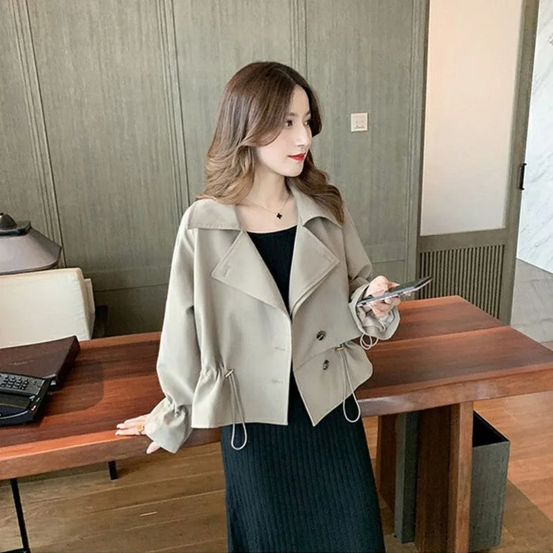 New Spring Autumn Short Trench Coat 2024 Korean Style Women Turn-down Collar Pleated Casual Windbreaker Female Outwear Jacket