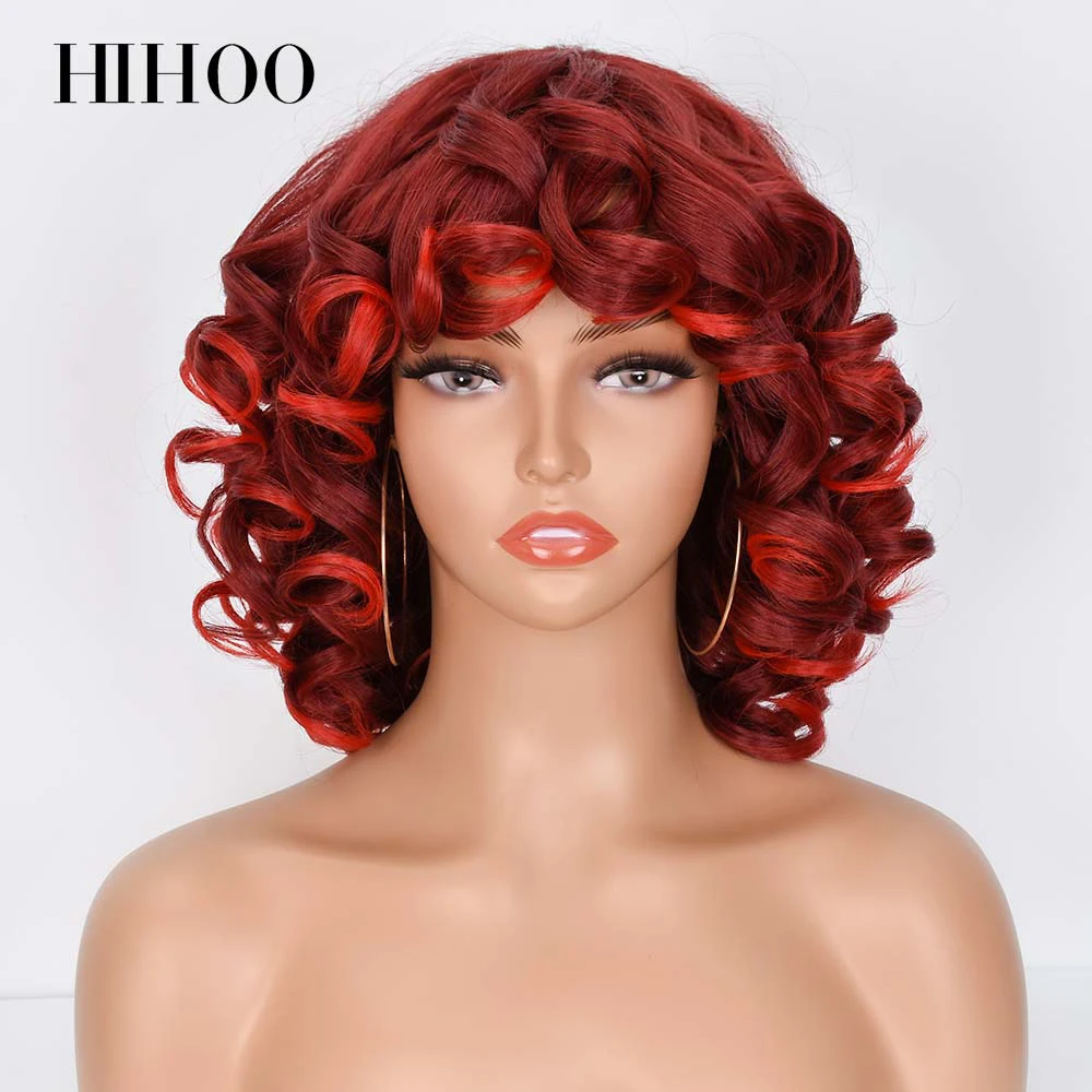 Short Hair Afro Kinky Curly Wigs With Bangs For Black Women Synthetic African Cosplay Natural Blonde Red White Pink Wig