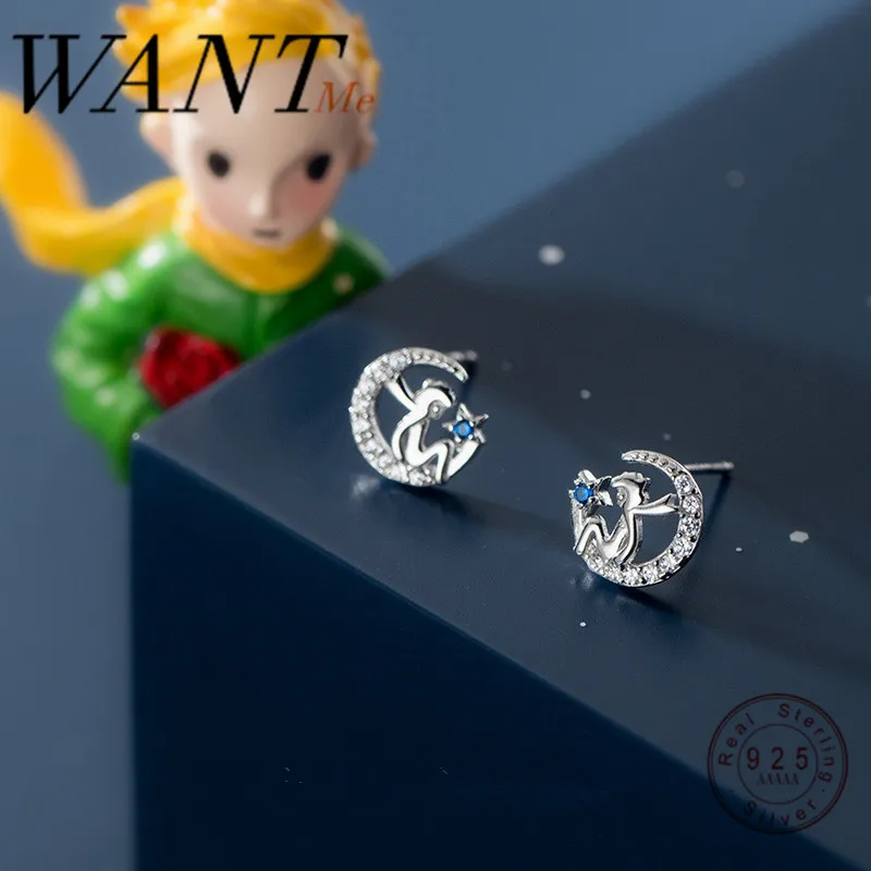 WANTME Genuine 925 Sterling Silver Blue Zircon Petite Moon Little Prince Stud Earrings for Women Princess Wedding Jewelry Gift