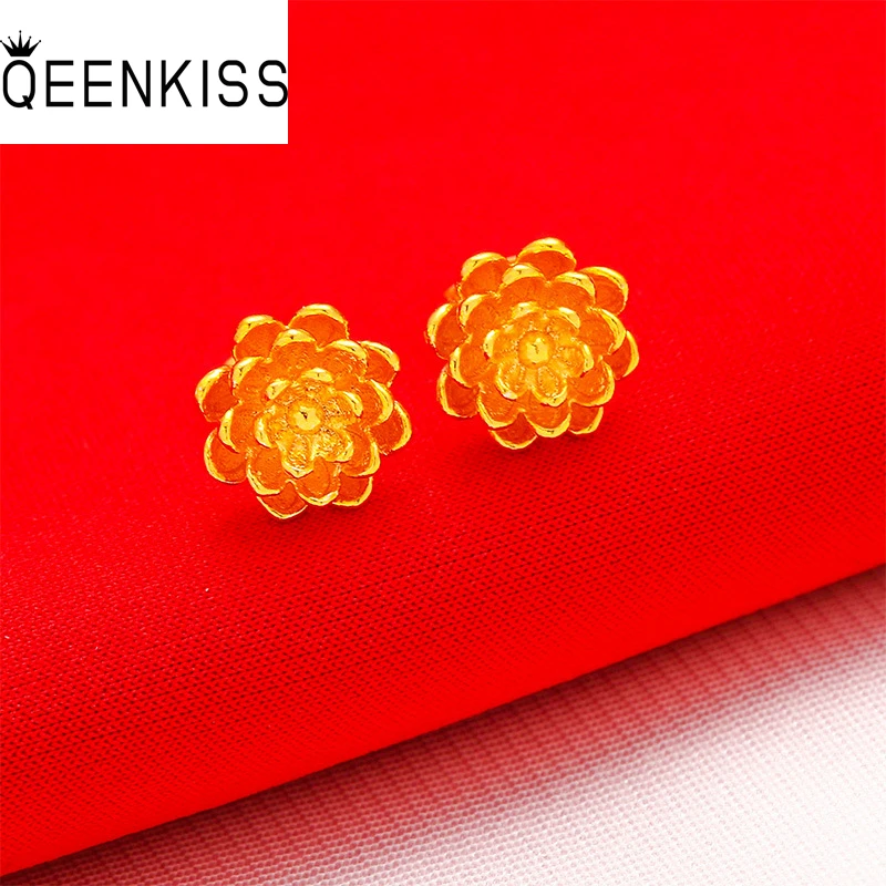 

QEENKISS EG550 Fine Jewelry Wholesale Fashion Hot Woman Girl Birthday Wedding Gift Vintage Lotus Flower 24KT Gold Stud Earings