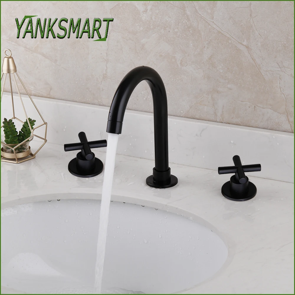 

YANKSMART Matte Black Bathroom Faucet Basin Sink Deck Mounted Bathtub Faucets 3 Hole Double Handle Hot And Cold Mixer Water Tap