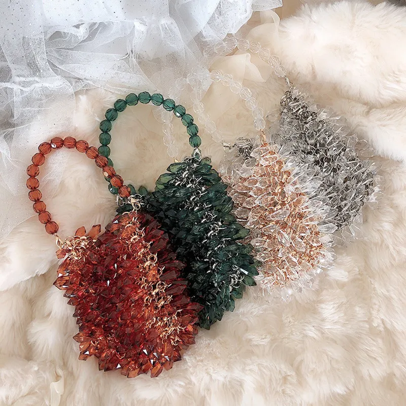 Transparent crystal hanging ring handmade bag 2024 new crystal white chain handbag net red bead bag