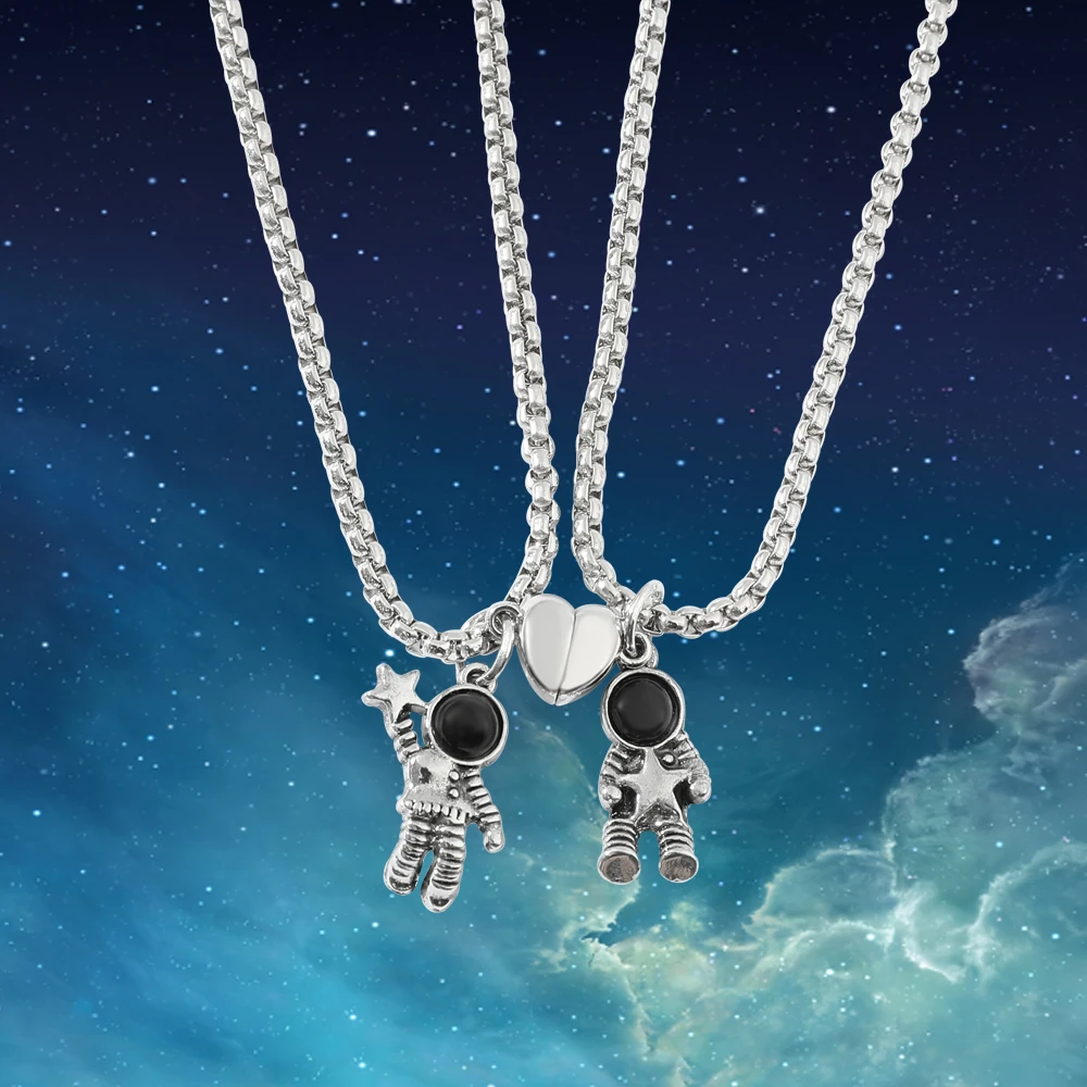 2 Pcs Astronaut Couple Necklace Creative Love Magnet Attract Pendant Best Friends Always Together Gifts for Women and Men