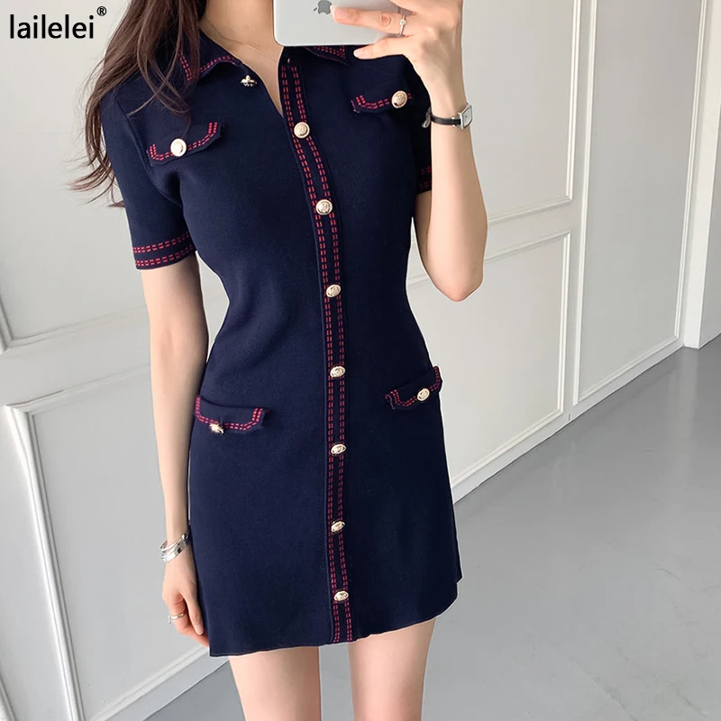 Turn-down Collar Knitted button mini dress sexy summer 2021 short Sleeve robe dresses vintage Sheath  jurk women