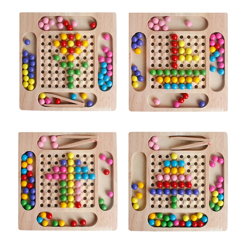 Montessori Wooden Colorful Beads Toys Rainbow Beads Toy Table Game with Reference Cards Early Educational Hand-eye Coordination