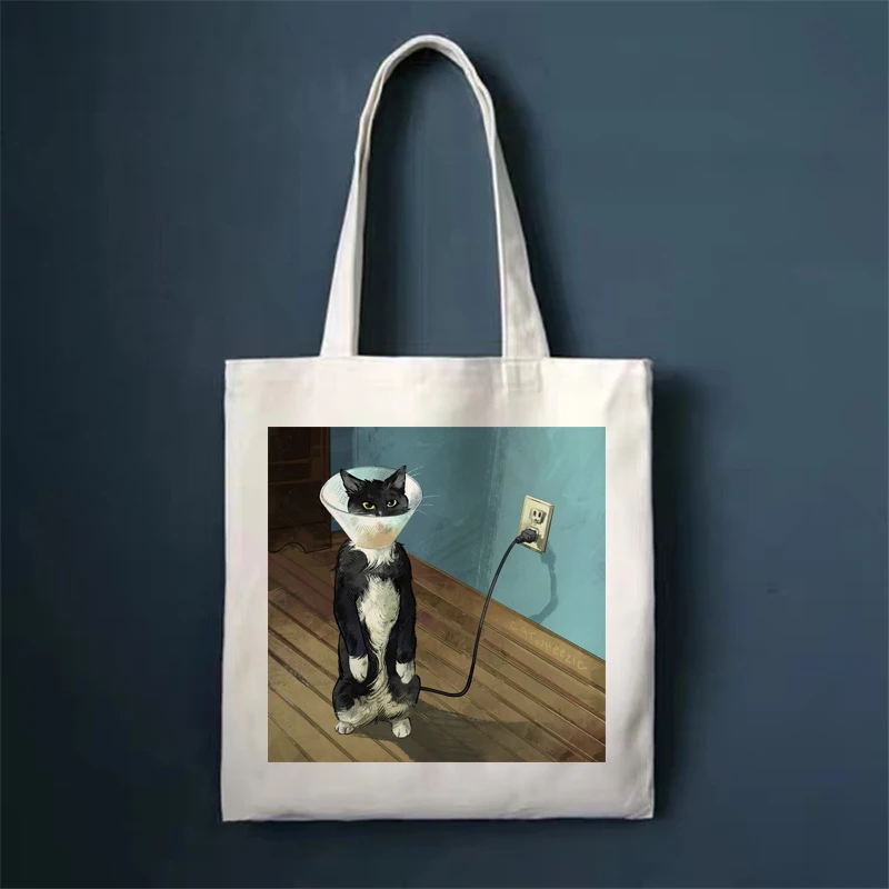 Cute Funny Cat Print Shopper Bags Handbags Shoulder Bags High Capacity Collapsible Woman Shopping Bags Canvas Bag Tote Bag