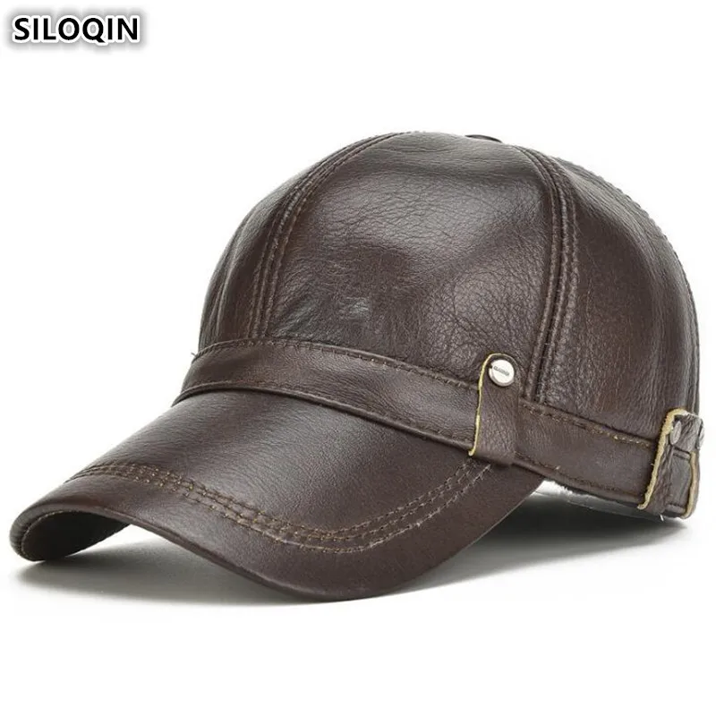 SILOQIN Snapback Cap Genuine Leather Hat Men\'s Cowhide Baseball Caps Adjustable Size Men Brand Leather Cap 2024 New Earmuffs Hat