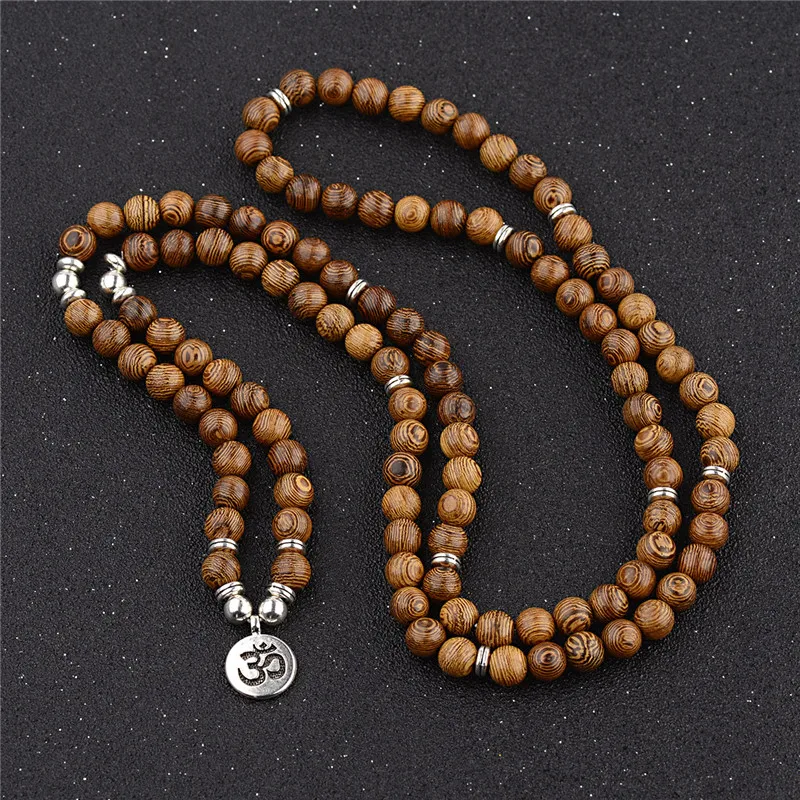 108 Wood Beads Lotus OM Bracelet Tibetan Buddhist Mala Buddha Charm Multilayer Rosary Bracelet Yoga Wooden For Women Men Jewelry