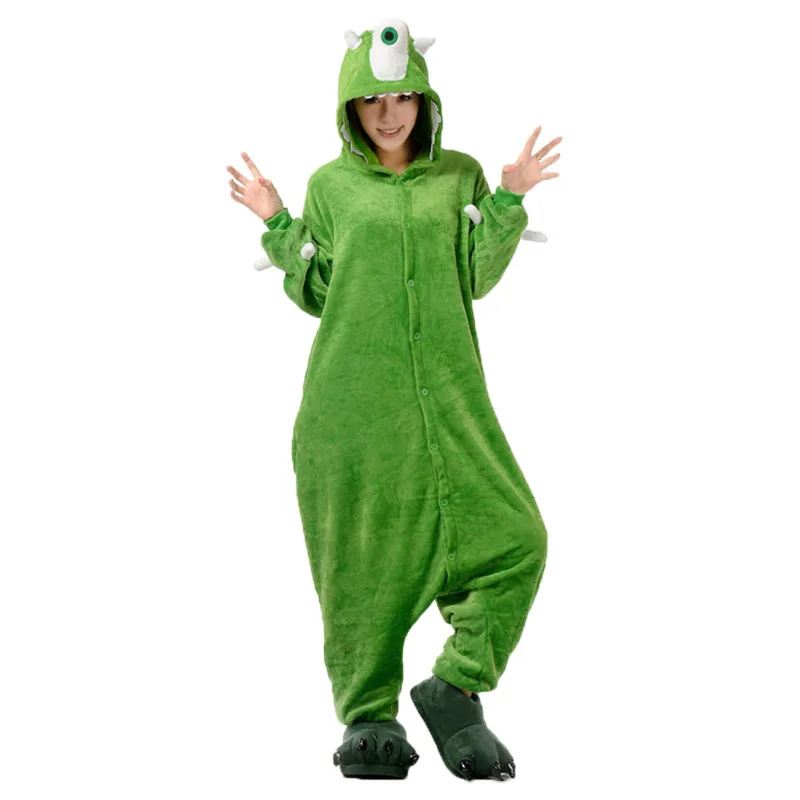 Monster Kigurumis Mike Onesie Women Winter Pajama Green Cute Flannel Sleep Suit Couple Homewear Anime Outfit Unisex