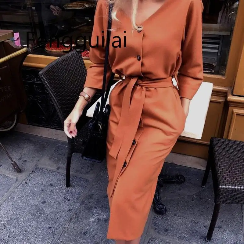 

Sexy V Neck Autumn Long Sleeve Women Dress Ladies Sashes Button Casual Office Dress 2020 New Fashion Women Midi Dress Vintage