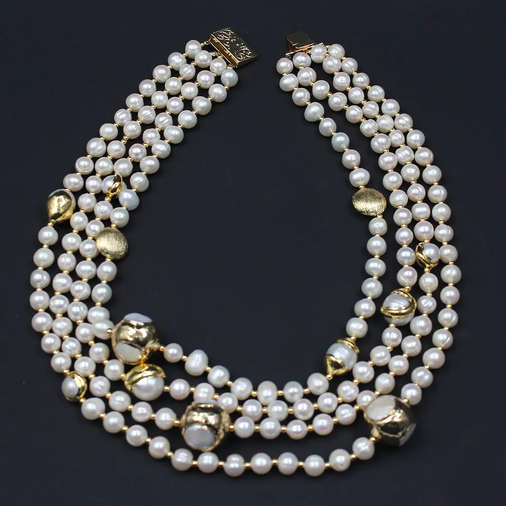 GG 4 Strands Natural Freshwater Cultured White Pearl Gold Color Plated Keshi Pearl Necklace 18\