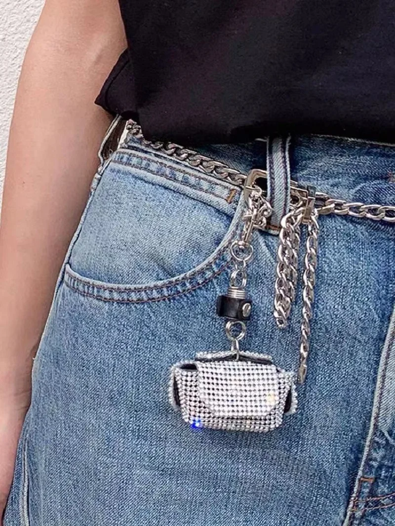 Cinto de cadeia longa com mini bolsa para mulheres, corrente de cintura destacável, bonito Blingbing Fanny Packs, sacos de cinto