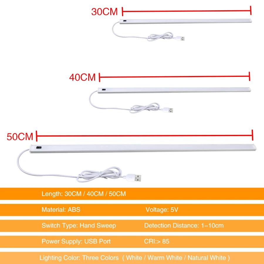 DC 5V USB Aluminium LED Bar Light Hand Scan Sensor Switch Control Kitchen Closet Light 30 40 50 cm 3 Color Temperature Wall Lamp