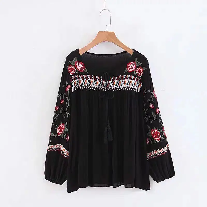 New Spring Autumn Fashion Ethnic V Neck Viscose Floral Embroidery Blouse Women Long Sleeve Pullover Shirts Blouses Tops