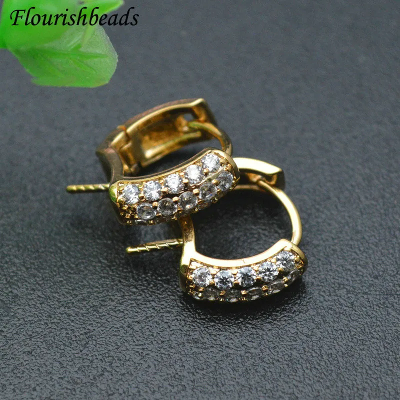 Anti Rust Real Gold Plating Ear Hooks Paved Rhinestone Earring Connector with Pin DIY Earrings Jewelry Making Components 50pcs