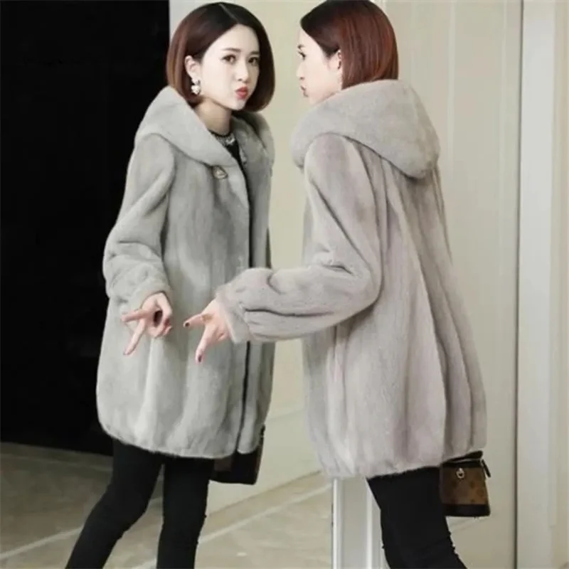 2023 New Imitation Mink Fur Loose Hooded Thick Mid-Length Coat Women\'s Winter Middle-Aged Mother\'s Winter Coat Mujer Elegant