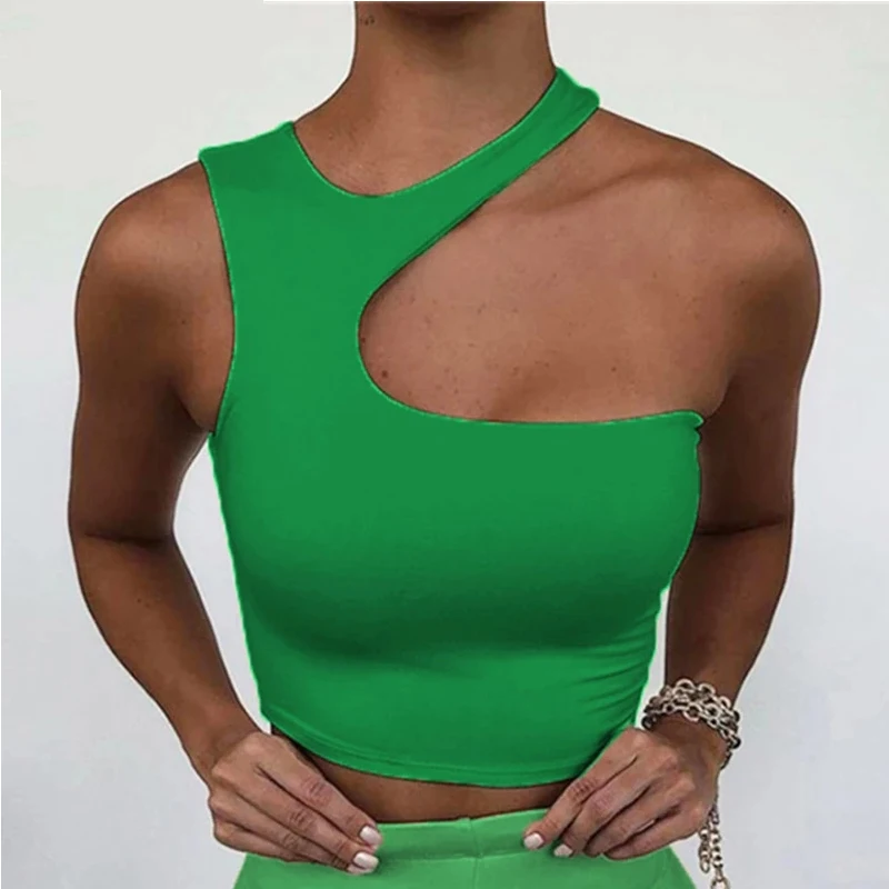 Cut Out Sexy Crop Off Schulter Solide Dünne Sport Kurze Tops Frauen Tank Unregelmäßigen Sommer Rohr Tops – Detail 4