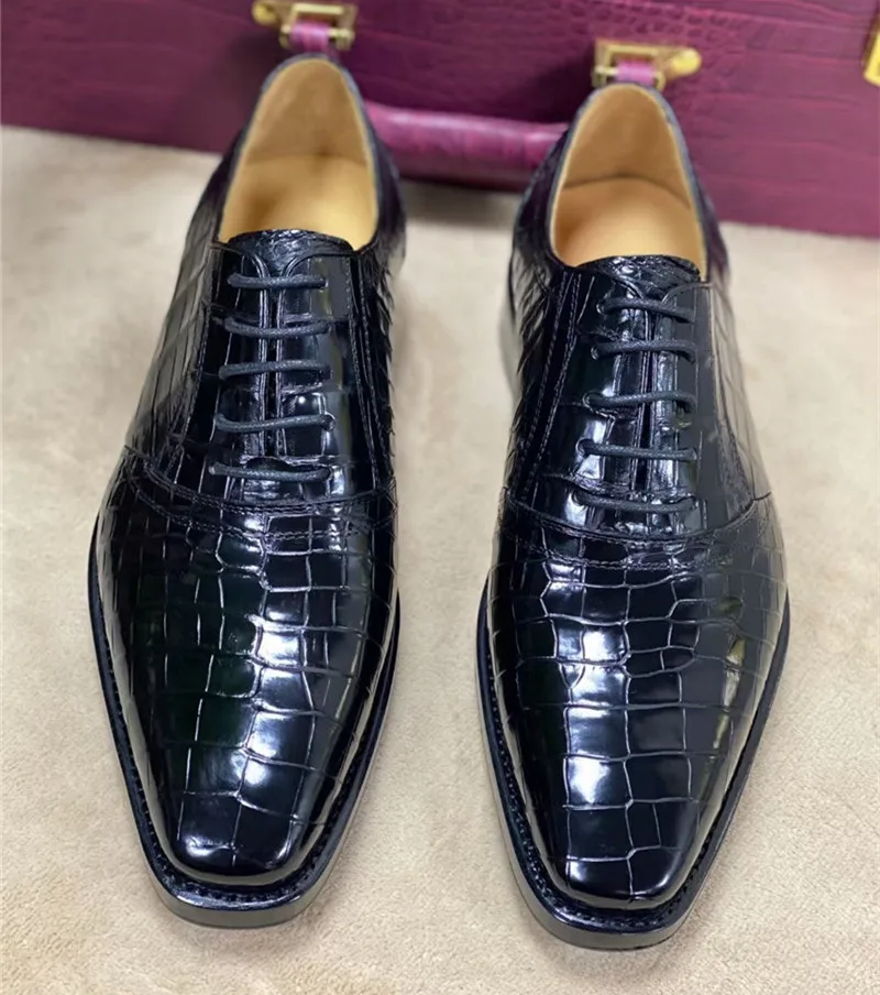 Authentic Crocodile Belly Skin Handmade Businessmen Dress Oxfords Genuine Alligator Leather Square Toe Male Lace-up Formal Shoes