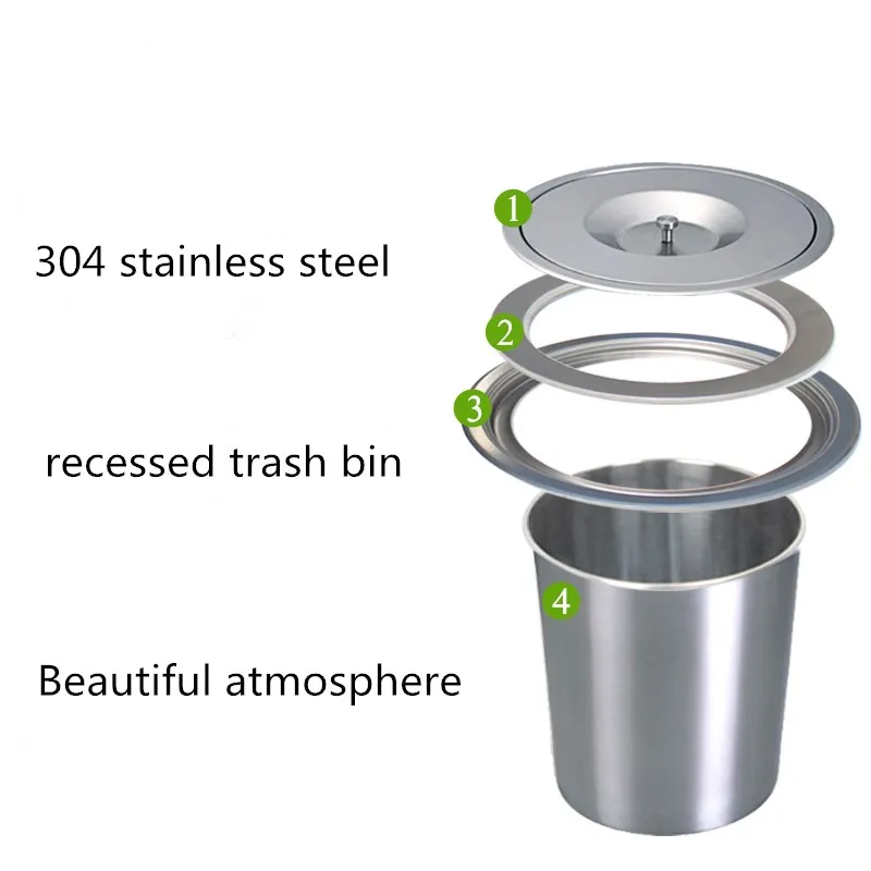 8L Tainless Steel Trash Can Flush Recessed Built-in Dustbin Trash Bin  Eco-Friendly Invisible Bin For Kitchen Bar Rubbish Bins